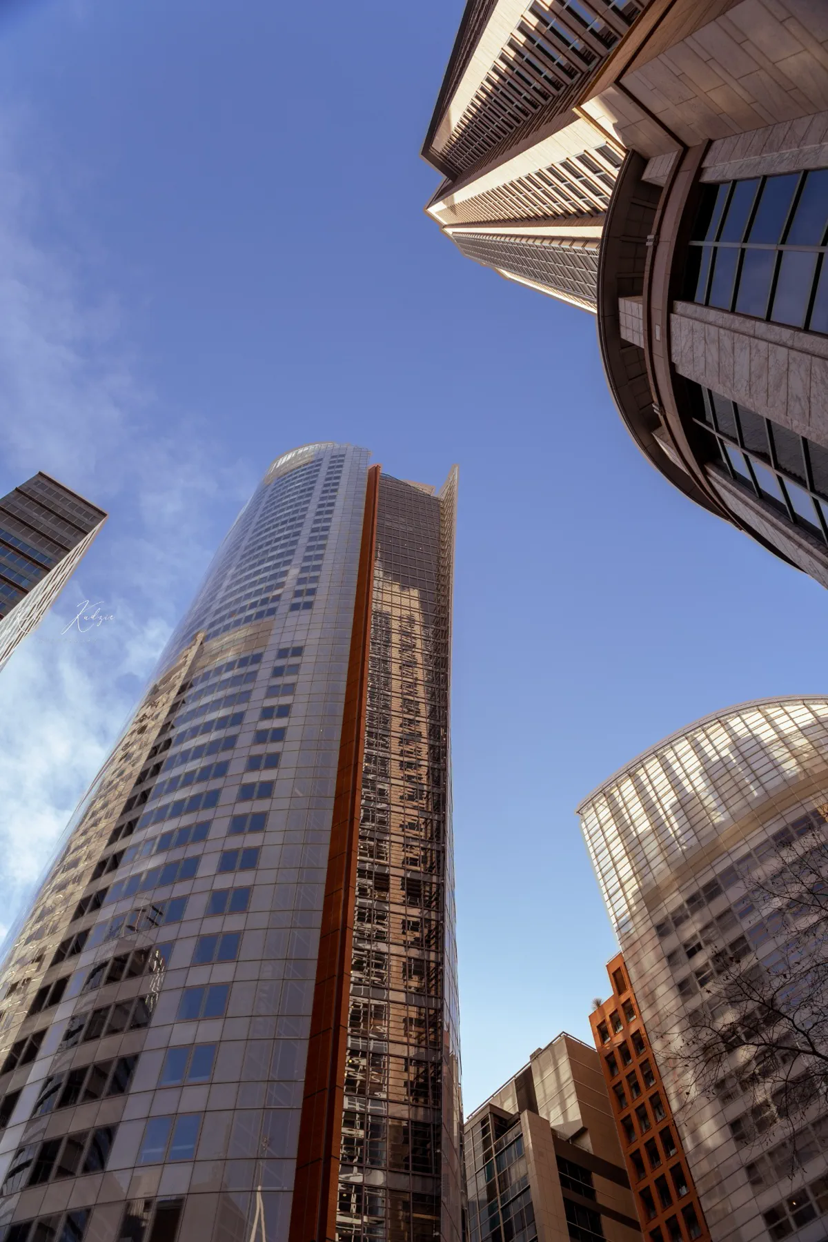 An upward architectural view between modern Sydney city towers