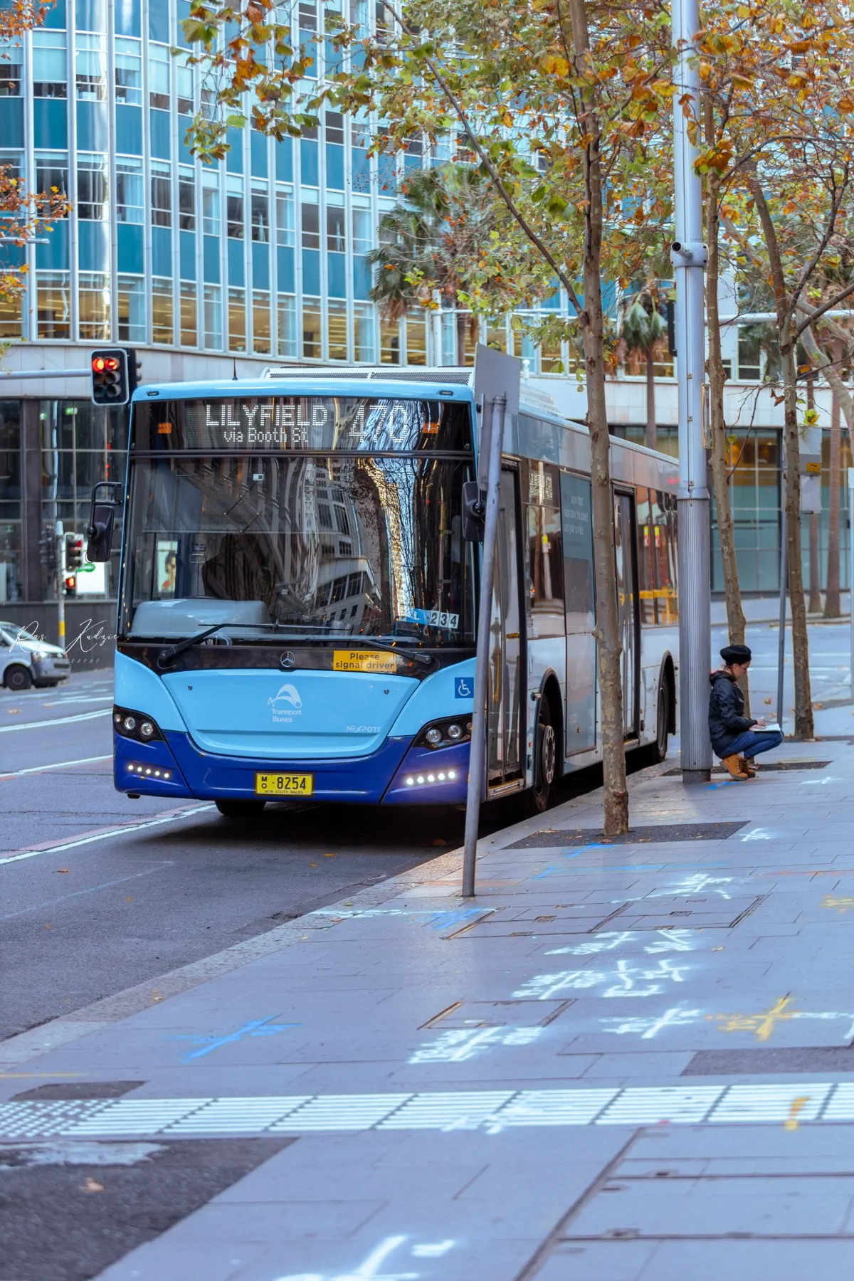 A Lilyfield city bus waiting on a Sydney street in autumn